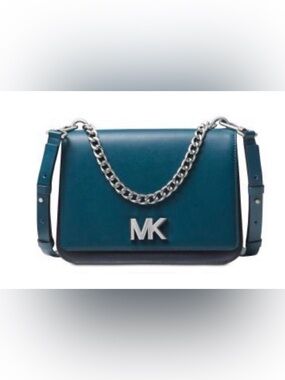Michael Kors Mott Crossbody Bag Leather Flap Chain Strap MK Logo Purse Navy Teal